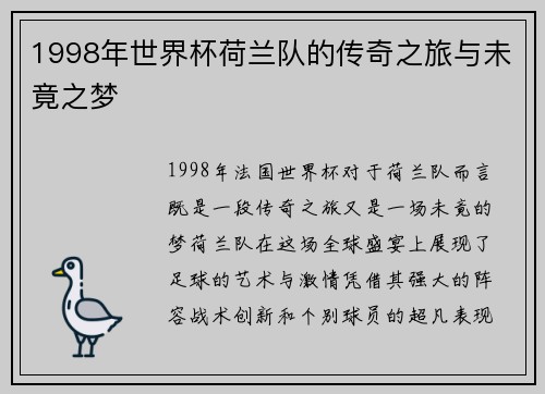 1998年世界杯荷兰队的传奇之旅与未竟之梦